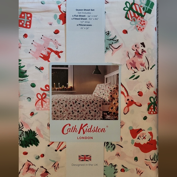 Cath Kidston DITSY DEER Queen 4 Piece Sheet Set Pink Deer Santa Claus Shaggy Dog